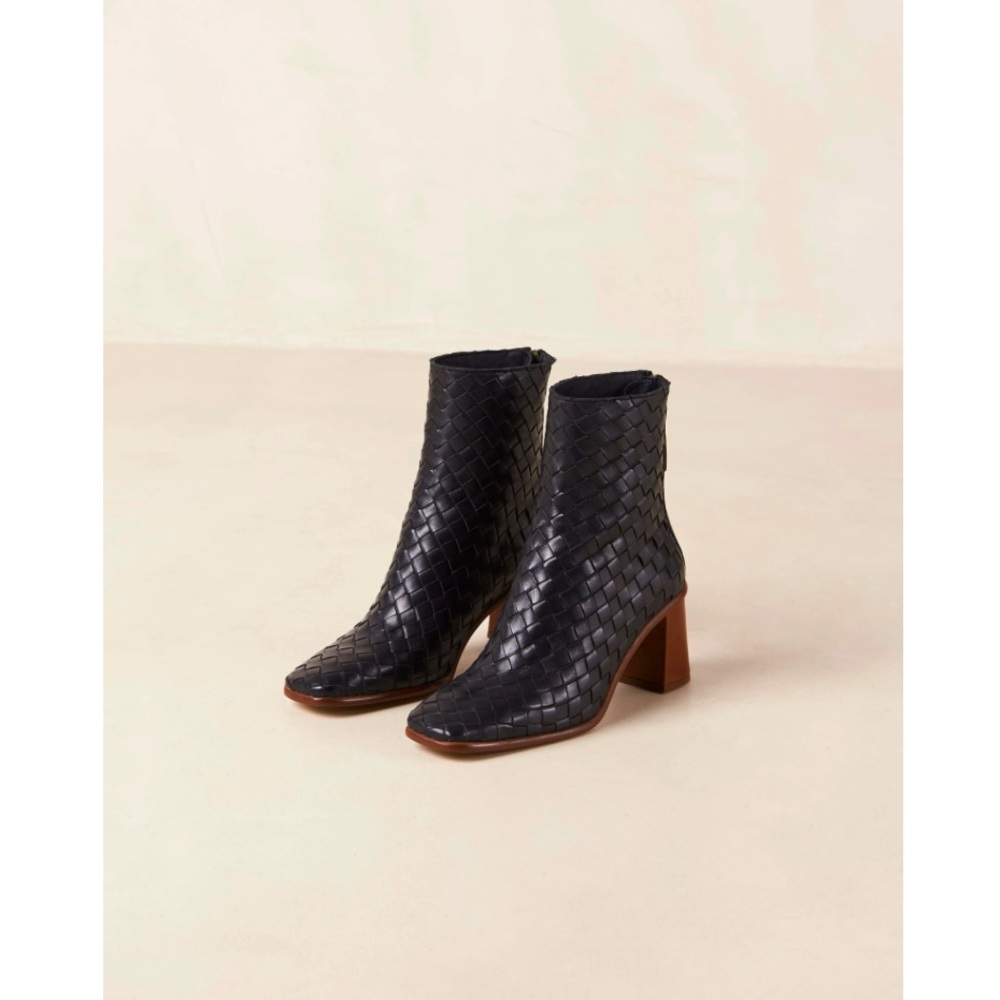 ALOHAS! Woven leather black bootie with brown heel. Worn once.